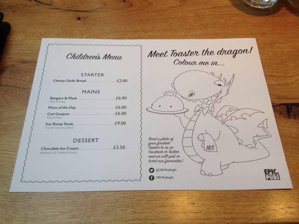 The children's menu at 185 Watling St, Towcester