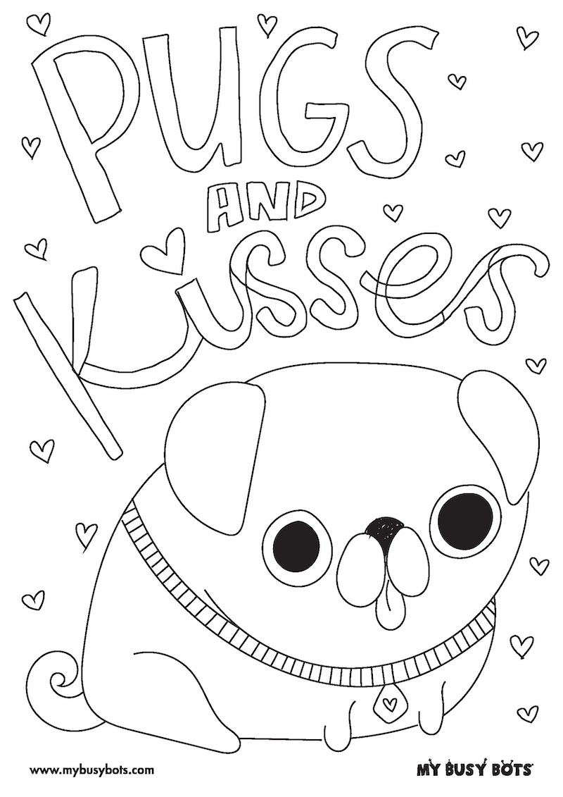 'Pugs and Kisses' Valentine's Day Colouring In Activity Sheet  image