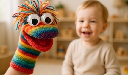 Smiling toddler looking at rainbow sock puppet