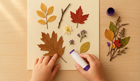 Child glueing autumn leaves and flowers to paper