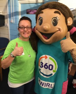 Harry’s Rainbow founder Odette Mould with 360 Play mascot Twirl